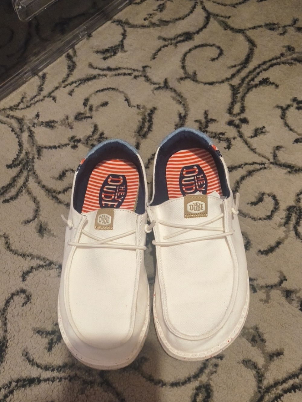 Hey Dude White Canvas Slip-On Loafers with Orange Striped Insole